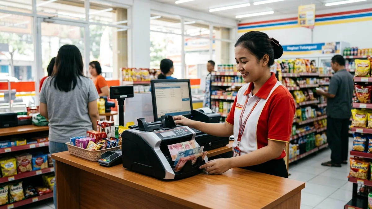 Mesin hitung uang modern di atas meja kasir toko ritel untuk mempercepat penghitungan transaksi tunai harian.