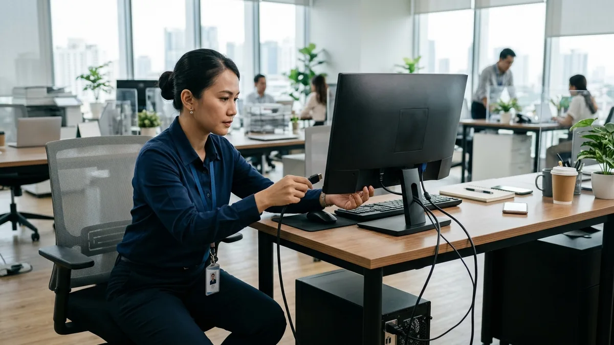 Teknisi sedang memeriksa perangkat komputer di meja kerja kantor modern dengan pencahayaan alami.